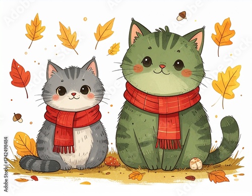 Two cute cartoon cats in scarves surrounded by autumn leaves in a colorful fall setting