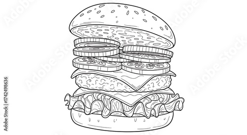 Black and White Line Drawing of Juicy Hamburger with Lettuce Tomato Cheese Onion Pickles and Sesame Seed Bun