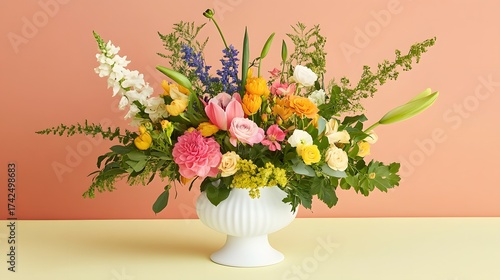 Elegant floral arrangement in white vase with pink and yellow hues