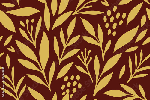 Elegant mustard yellow leaf pattern on a rich maroon background. Modern botanical seamless design perfect for fabric, wallpaper, and interior decor.