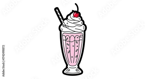 Cartoon Pink Milkshake with Whipped Cream Cherry and Striped Straw in Tall Glass