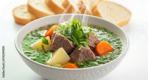 Bahamian souse isolated in a light ceramic bowl, clear broth with beef or chicken, potato and carrot, topped with fresh herbs, green and white lighting highlighting lightness