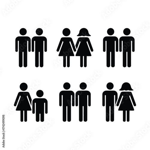 Set of six minimalist black and white vector icons representing diverse relationships and families silhouette vector illustration white background