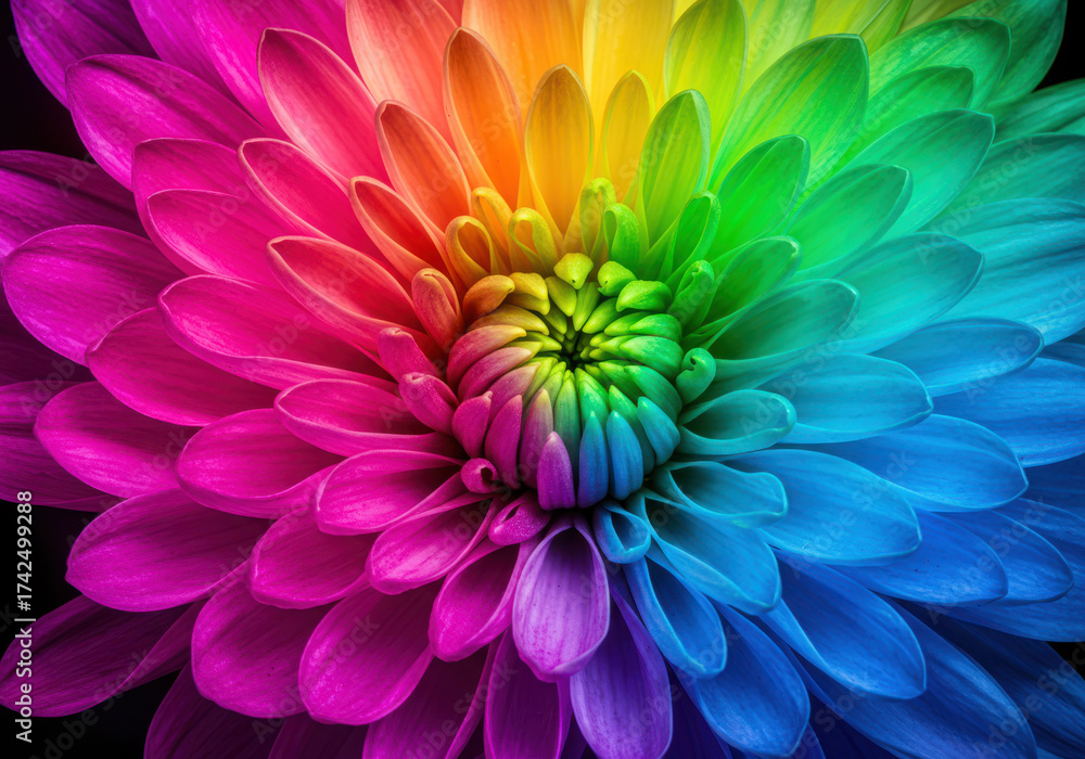 Obraz premium Vibrant rainbow chrysanthemum flower macro petals close up color explosion