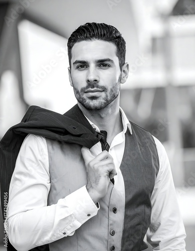 Stylish man in monochrome poses outdoors, glancing at camera