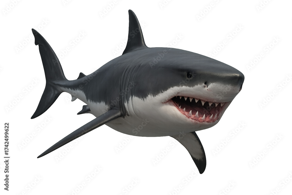 Fototapeta premium Fierce Great White Shark Open Mouth Showing Teeth Isolated on Transparent Background Dynamic Pose