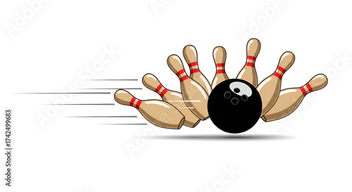 A bowling ball striking pins with motion lines on a white background in a cartoon illustration
