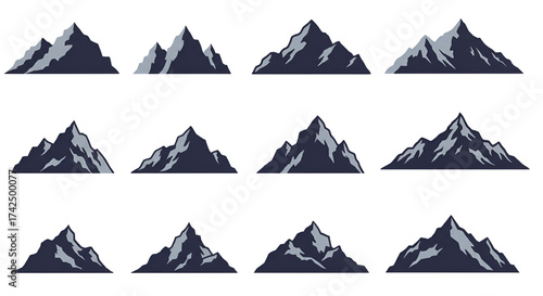 Twelve mountain illustrations in a grid pattern with varying shapes and snow capped peaks on white