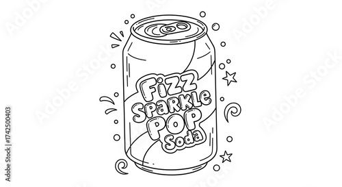 Fizzy Sparkle Pop Soda Can Illustration in Black and White Line Drawing