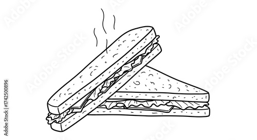 Hot Steaming Sandwich with Lettuce and Meat in Black and White Line Art Style