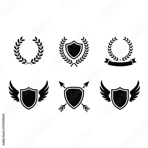 Set of six black and white heraldic emblems shields laurels wings arrows and banners vector illustration scalable eps icon silhouette vector illustration white background