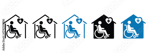 WebEnsure accessible home healthcare with these icons featuring a person in a wheelchair under a comforting house symbol with a heart and cross, perfect for websites, apps, and informational materials