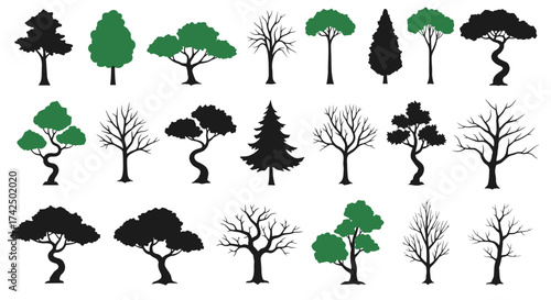 Various silhouettes of trees with differing shapes and foliage styles