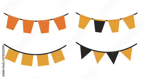 Halloween party decorations with orange and black triangular bunting flags