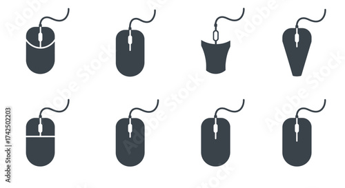 Collection of computer mice in different orientations and shades