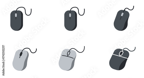 Simple illustrations of computer mice in various shades and orientations