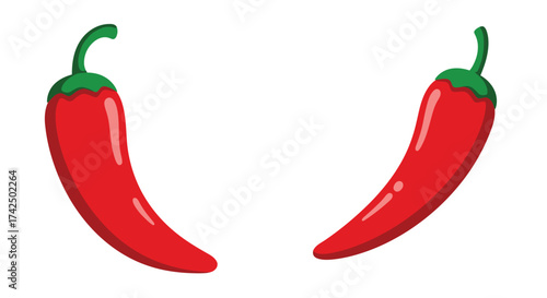 Two bright red chili peppers are arranged in a curved symmetrical formation