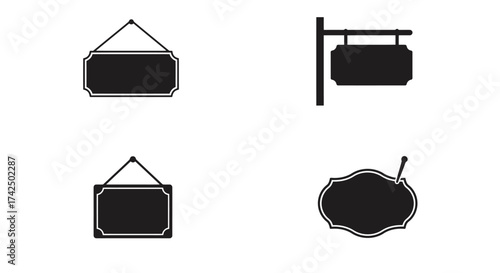 Simple black and white illustrations of various blank sign shapes displayed