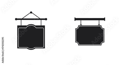 Two vintage style hanging sign frames black and white illustration