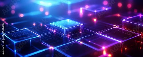 Vibrant Digital Cubes with Neon Lights in High Tech Scene