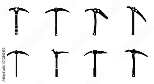 Black and white silhouettes of various climbing ice axes displayed neatly