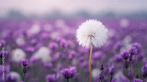 Wallpaper Mural a bright white dandelion seed head stands out in sharp focus against a soft dreamy and blurred field of vibrant purple flowers at twilight or dawn Torontodigital.ca