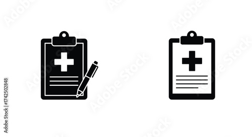 Two black medical clipboards with a plus symbol and pen illustration