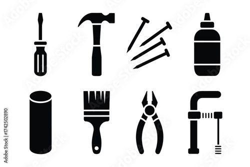 Set of vector silhouette icons for tools screwdriver hammer nails glue paintbrush pliers clamp silhouette vector illustration white background