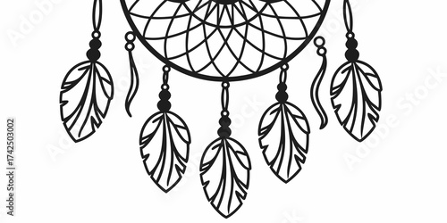Detailed line art of a dreamcatcher with feathers and beads against a white background design element