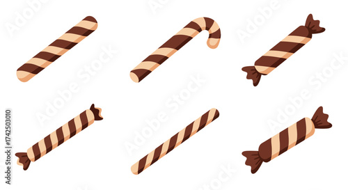 Collection of striped chocolate candy canes and wrapped treats illustration