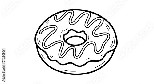 Simple Black and White Line Drawing of Donut with Glaze and Sprinkles on White Background
