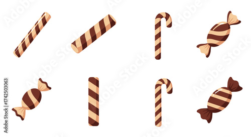 Assortment of chocolate candies and striped hard sweets on white background