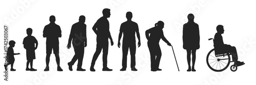 Vector illustration of human life stages from childhood to old age and wheelchair user silhouette vector illustration white background