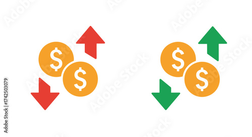 Financial growth and decline illustrated with coins and directional arrows