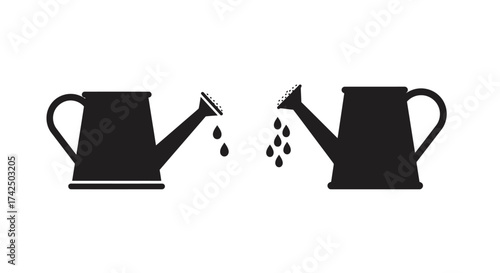Two watering cans one pouring and one broken depicted in black silhouette