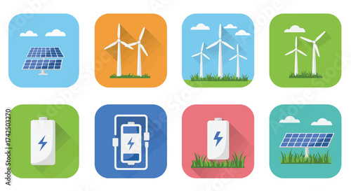 Colorful icons illustrating various renewable energy sources and power storage options