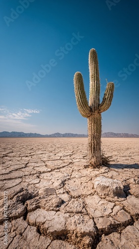Wallpaper Mural a lone majestic cactus stands tall and proud in the cracked sun-drenched arid desert basin under a clear blue sky with distant mountains Torontodigital.ca