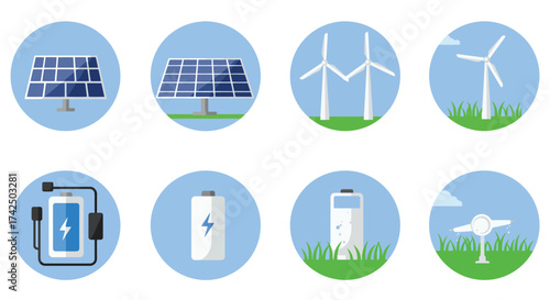 Illustrations of renewable energy sources solar panels wind turbines and batteries