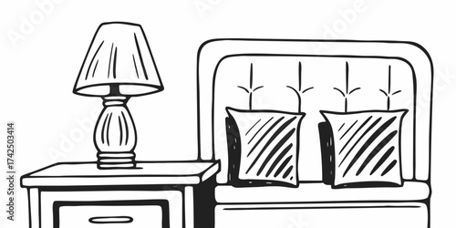 Illustration of a bedside table with a lamp and a bed with two pillows in black and white style