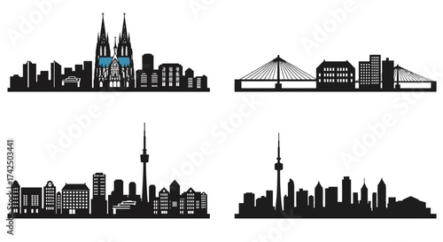 City skylines depicting iconic structures and modern architectural designs