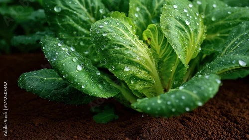 Beautiful fresh lettuce growing in a rich soil bed with raindrops glistening on green leaves