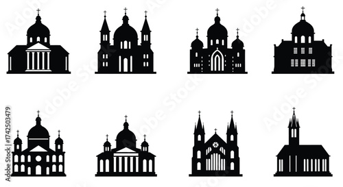 Collection of diverse black silhouette church and temple architectural designs