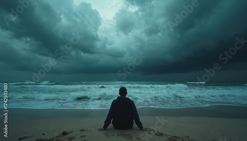 Fototapeta Naklejka Na Ścianę i Meble -  Guy sits alone on sea beach under dark storm clouds. Waves crashing on shore. Man in solitude contemplates life, nature. Depression, despair concept. Moody scenery, dramatic sky.