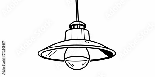 Illustration of a hanging light fixture with a bulb and a conical shade in a simple black outline
