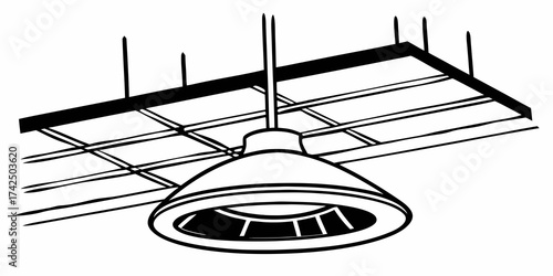 A drawing of a ceiling grid with a hanging light fixture in black and white with simple line work style