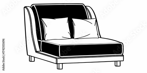 Illustration of a modern armless sofa with two pillows in black and white simple line art style