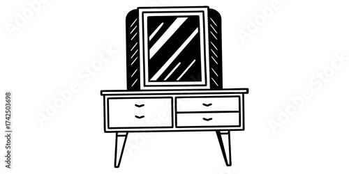 Illustration of a dresser with a mirror featuring drawers and a reflective surface in black and white