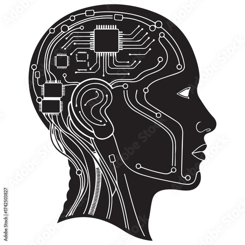 Human Head Profile with Integrated Circuitry and Microchips