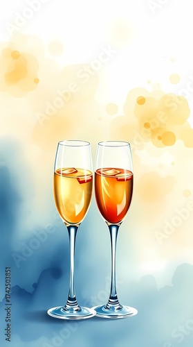 Illustration of two festive party glasses. Standing image.
