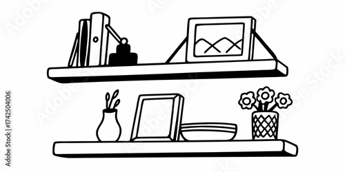 Illustration of two shelves with books lamp picture frame vase bowl and flowers in a pot on white background